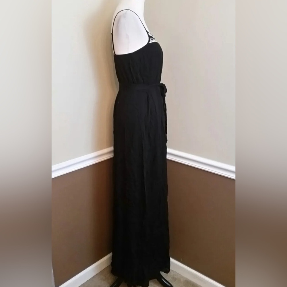 Black Maxi Dress Crinkled Gauzy Embroidered Belted Boho Modcloth by Doe & Rae - Picture 4 of 7